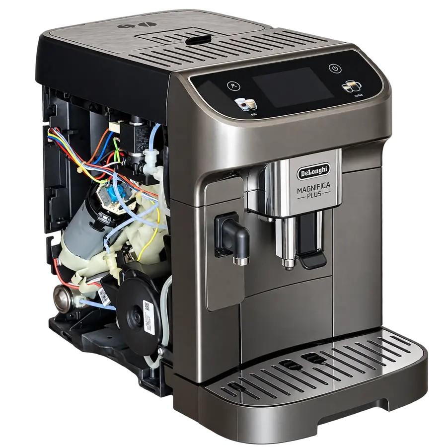 Otwarty ekspres DeLonghi Magnifica Plus z widocznymi elementami układu wodnego i napędu